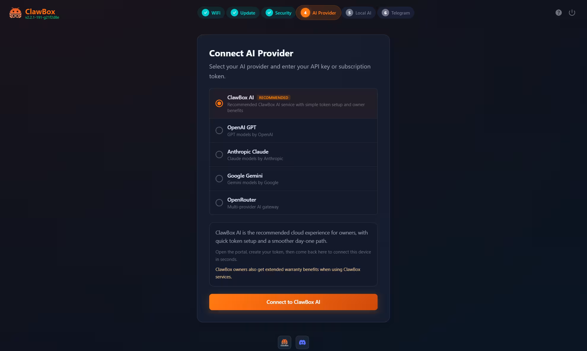 ClawBox AI provider setup screen